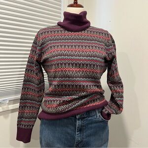 LL Bean Geometric Print, Cotton Cashmere, Purple Turtleneck Sweater, Women L